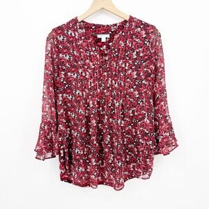 Charter Club Red Floral Pintuck Bell Sleeve Blouse S V-Neck Cottagecore Fairy